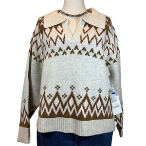 NEW CeCe Fair Isle Sweater XL Cream Pink Brown Soft Knit Johnny Collar